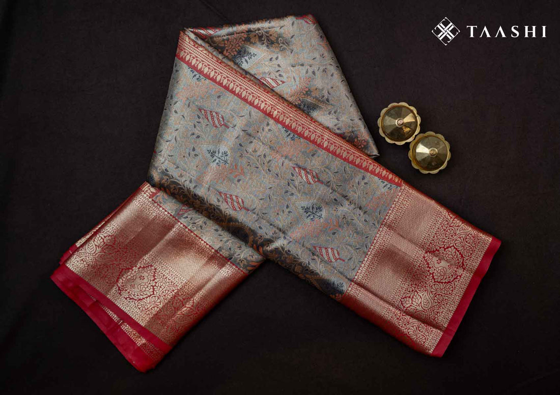 Dark Blue And Red Kanchipuram Saree - Taashi
