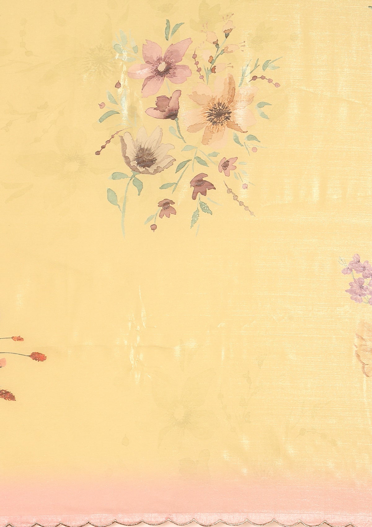 Metallic Yellow And Peach Floral Printed Organza Saree