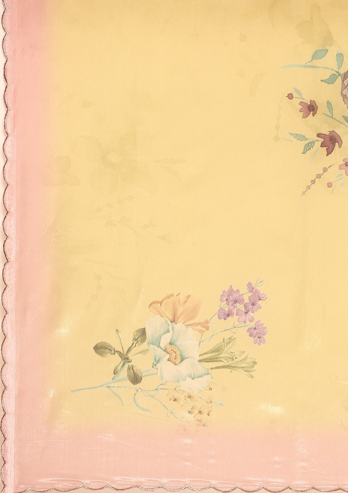Metallic Yellow And Peach Floral Printed Organza Saree