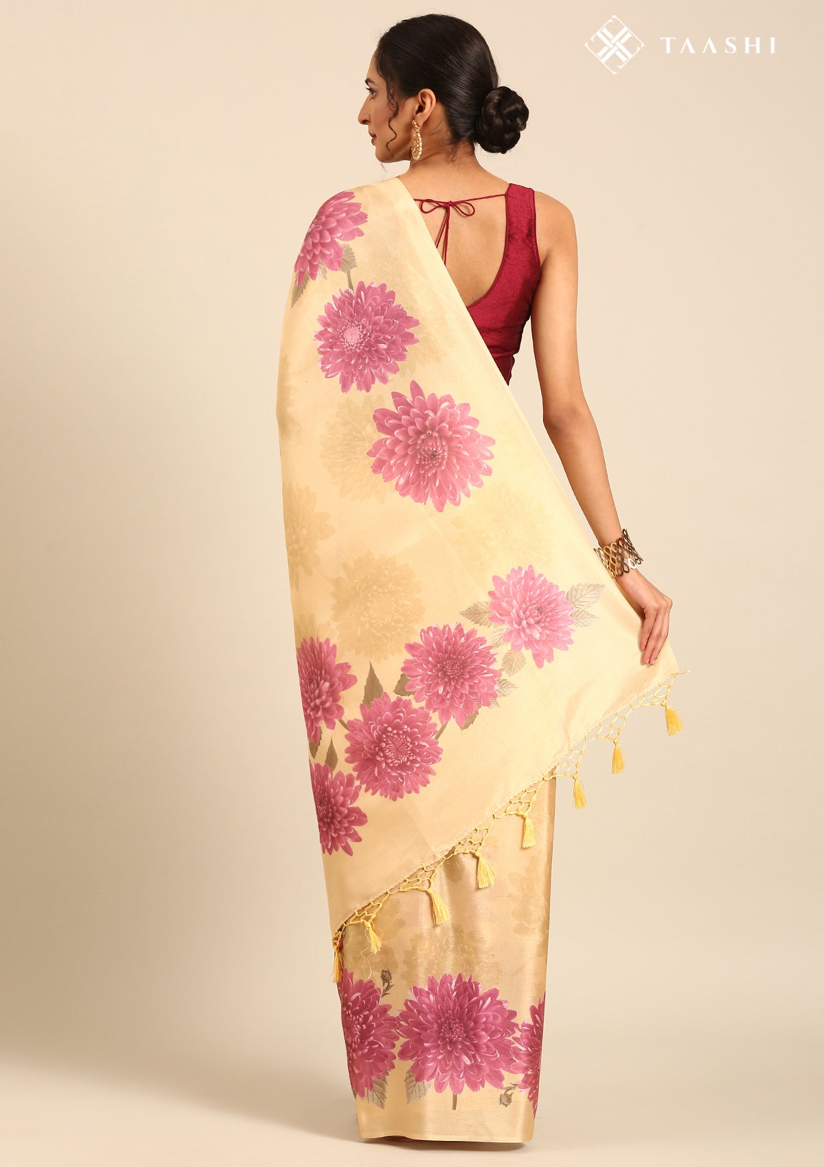 Pastel Yellow Bold Floral Organza Saree