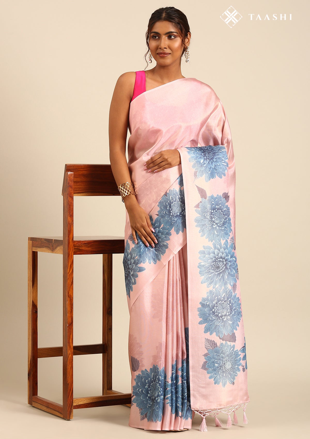 Pastel Pink Bold Floral Organza Saree