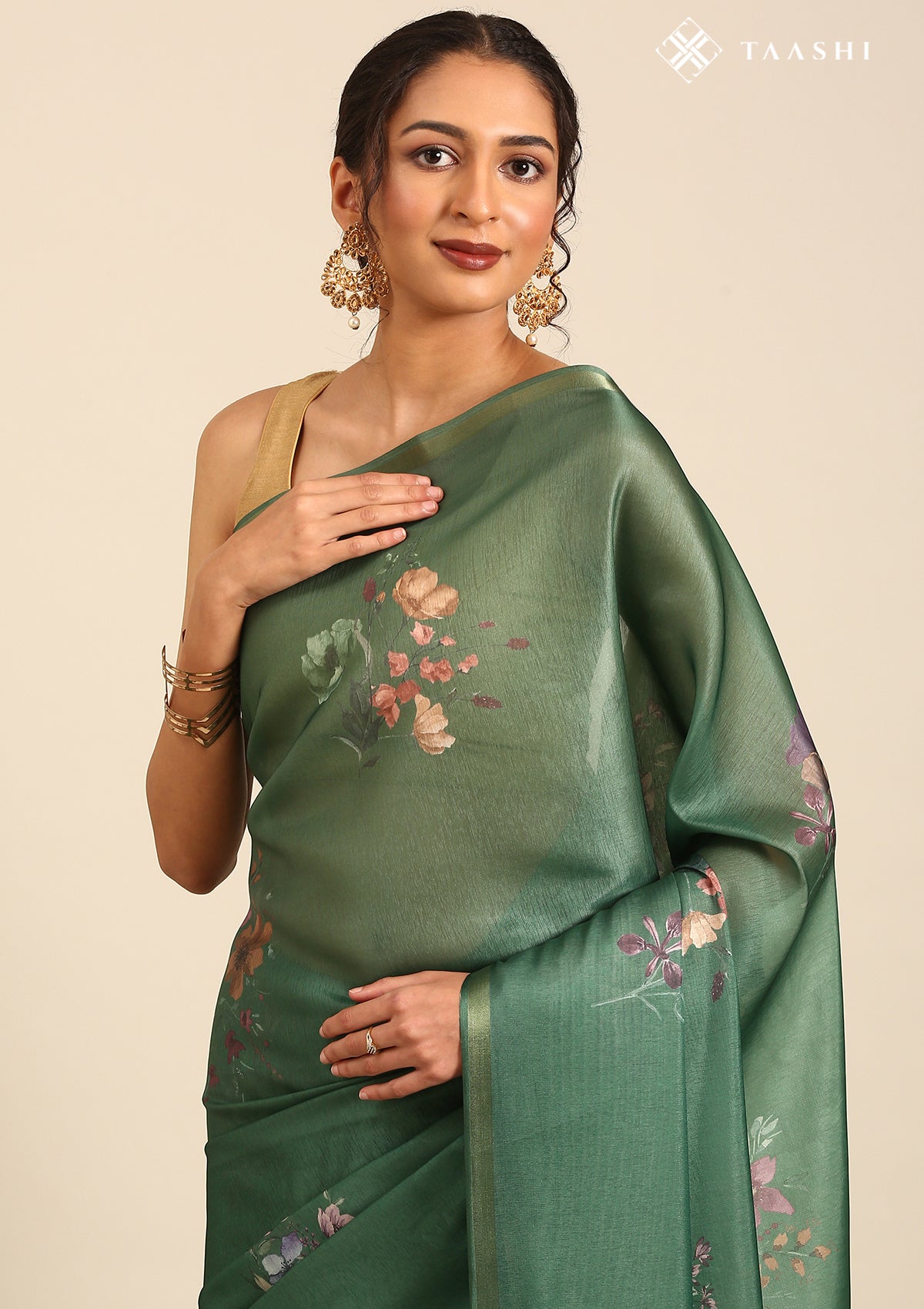 Dark Green Floral Printed Organza Saree