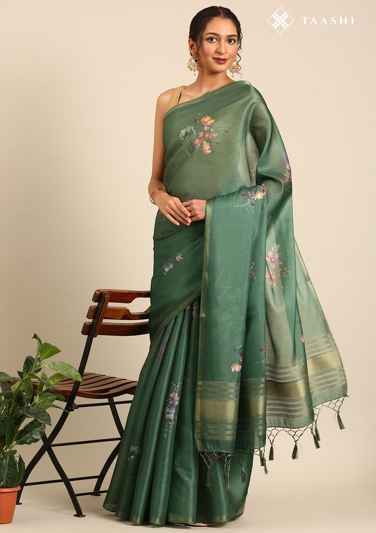 Dark Green Floral Printed Organza Saree