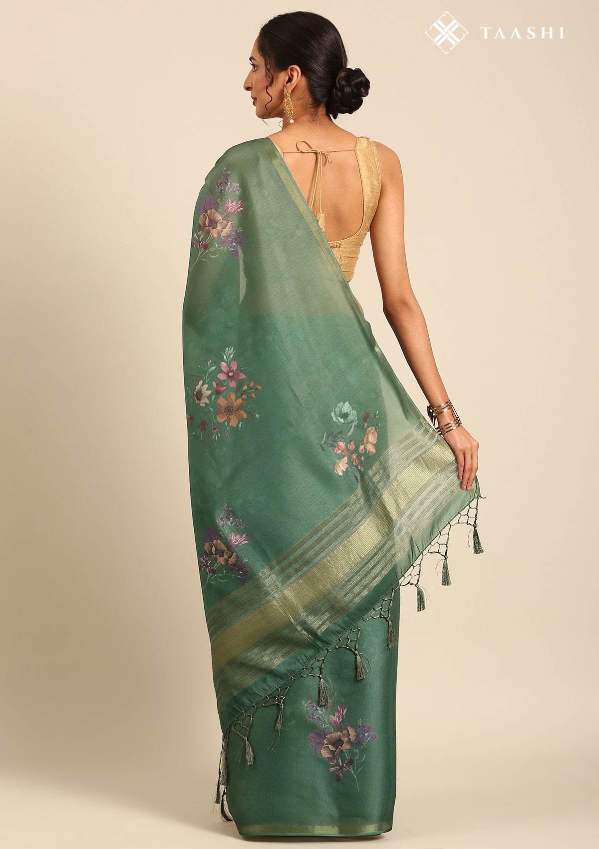 Dark Green Floral Printed Organza Saree