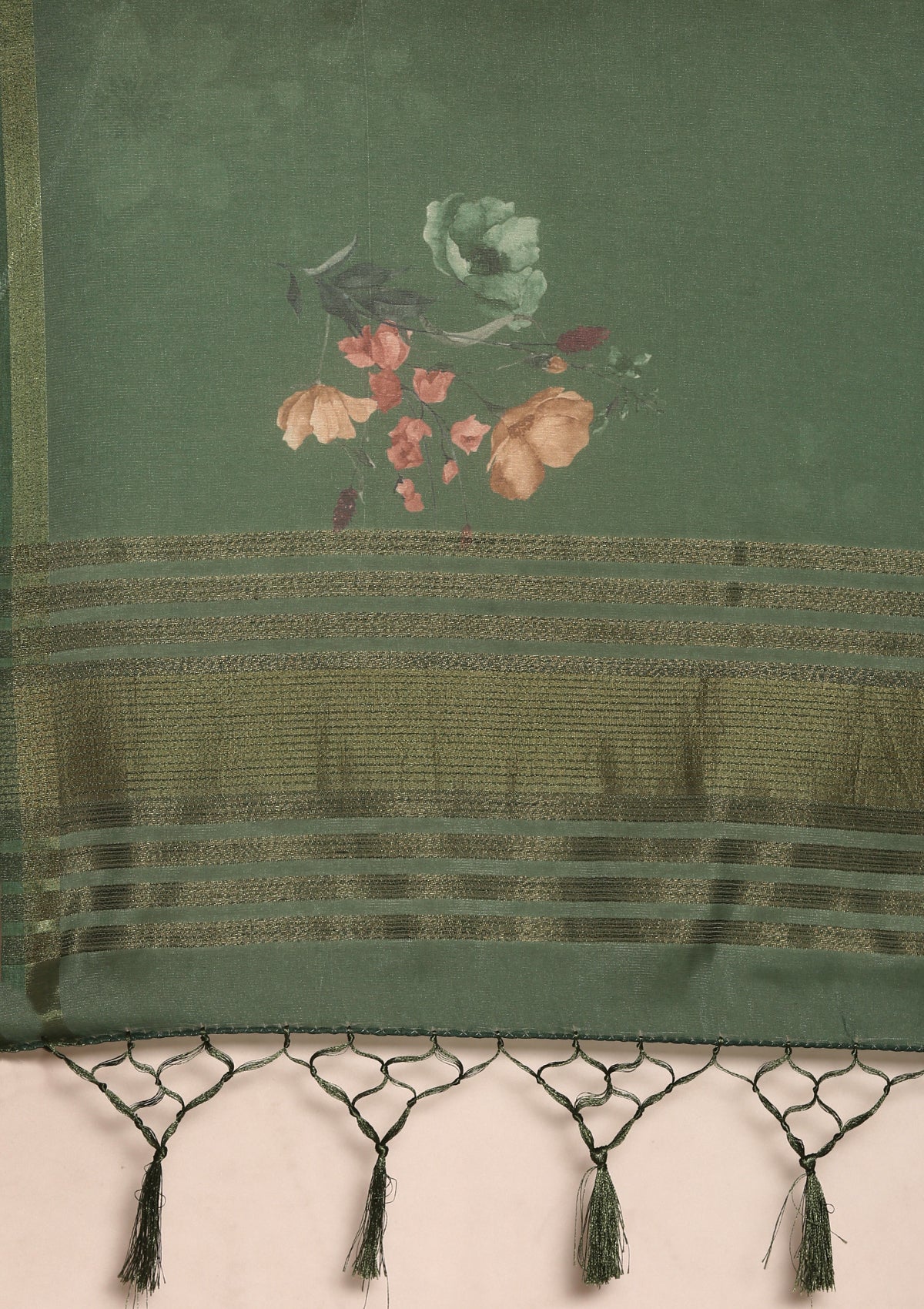 Dark Green Floral Printed Organza Saree