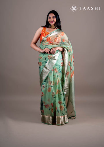 Pista Green Floral Printed Organza Saree - Taashi