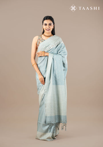 Pastel Blue EmbroideRed Cut Work And Printed Border Saree - Taashi