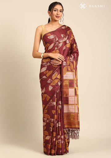 Maroon And Orange Abstract Printed Tussar Saree - Taashi