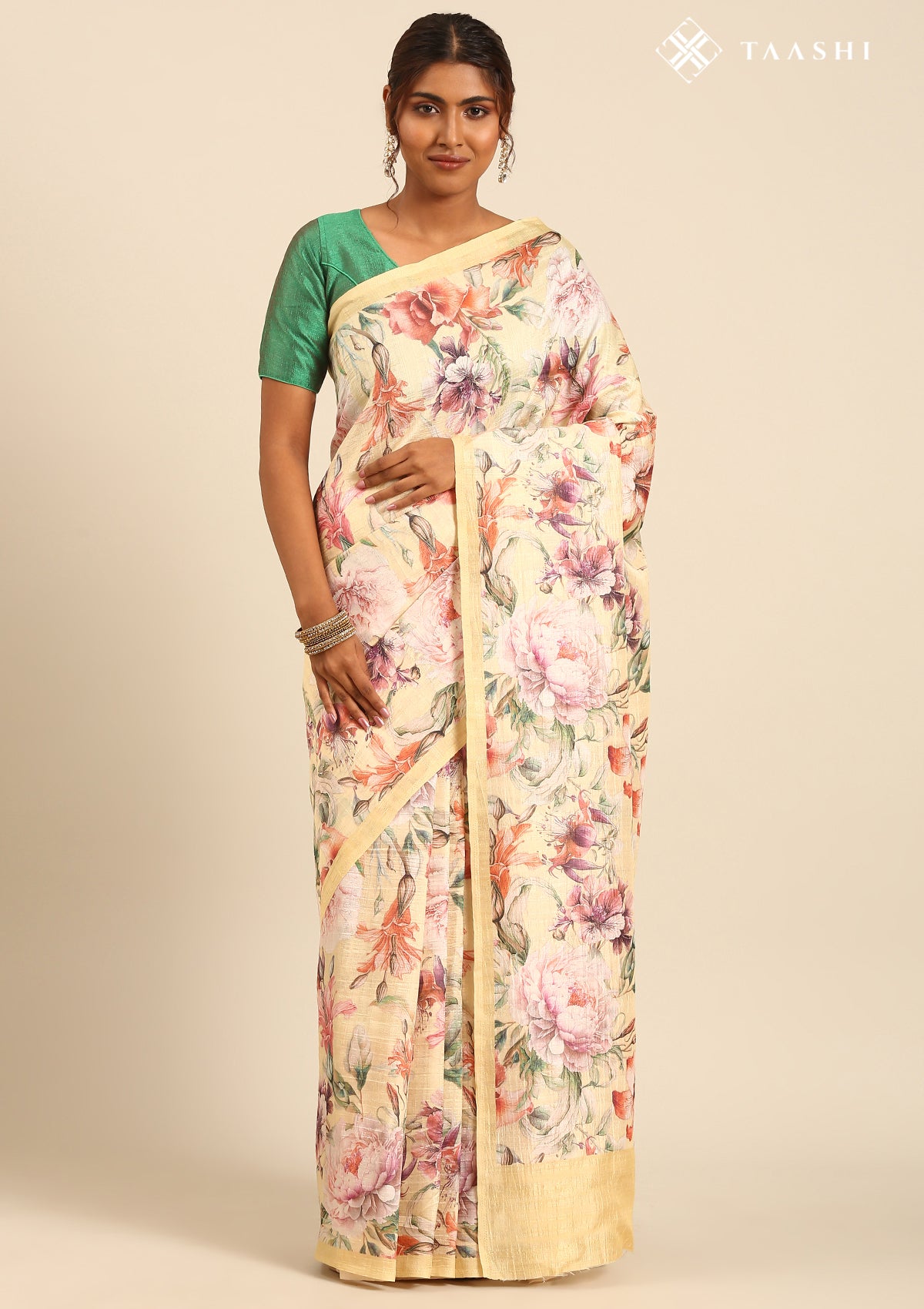 Pastel Yellow Multicolor Tropical Floral Printed Tussar Saree