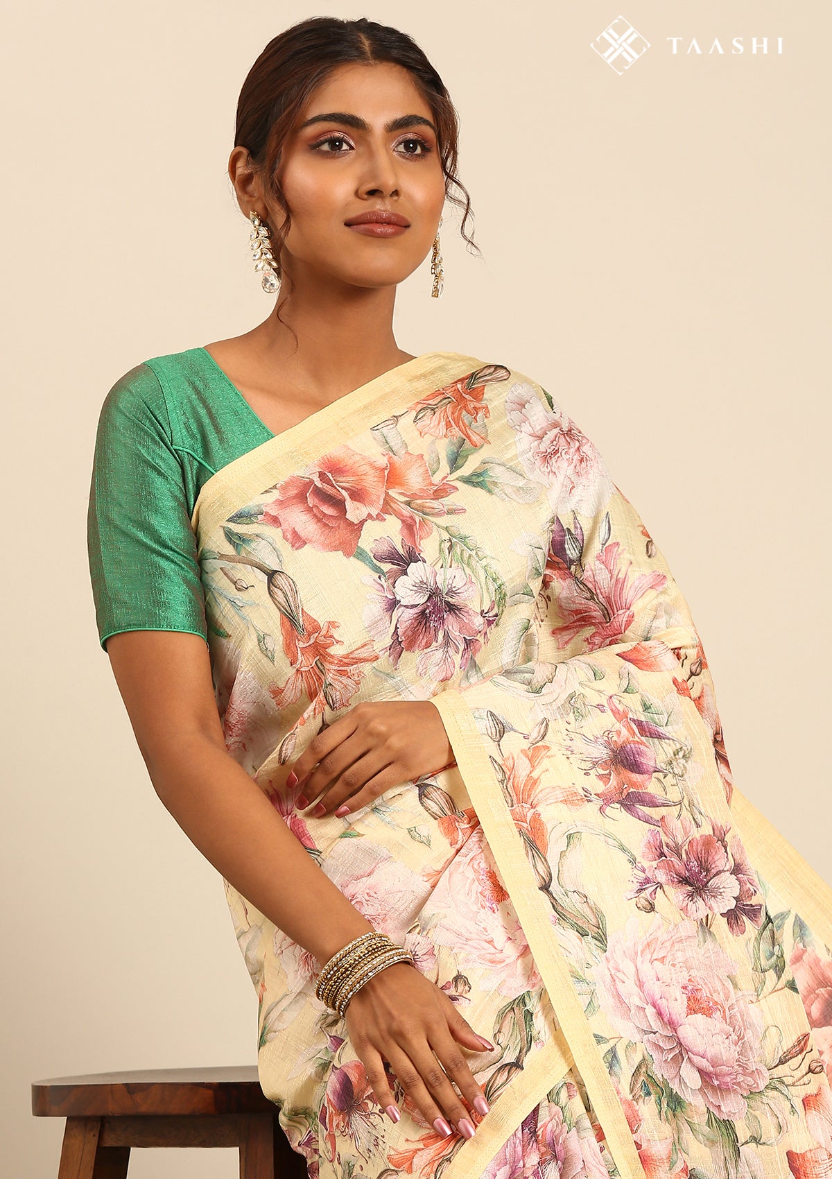 Pastel Yellow Multicolor Tropical Floral Printed Tussar Saree