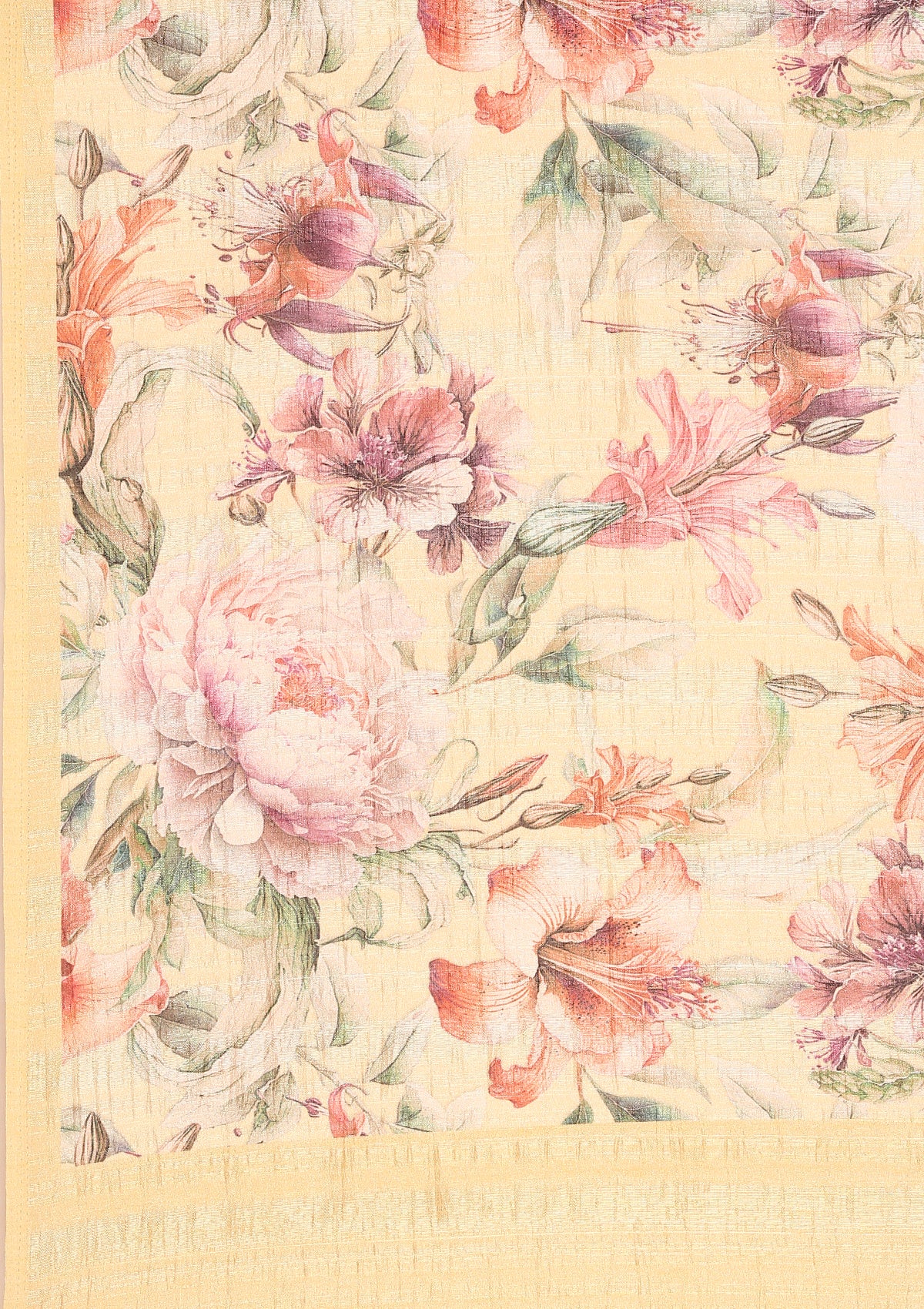 Pastel Yellow Multicolor Tropical Floral Printed Tussar Saree