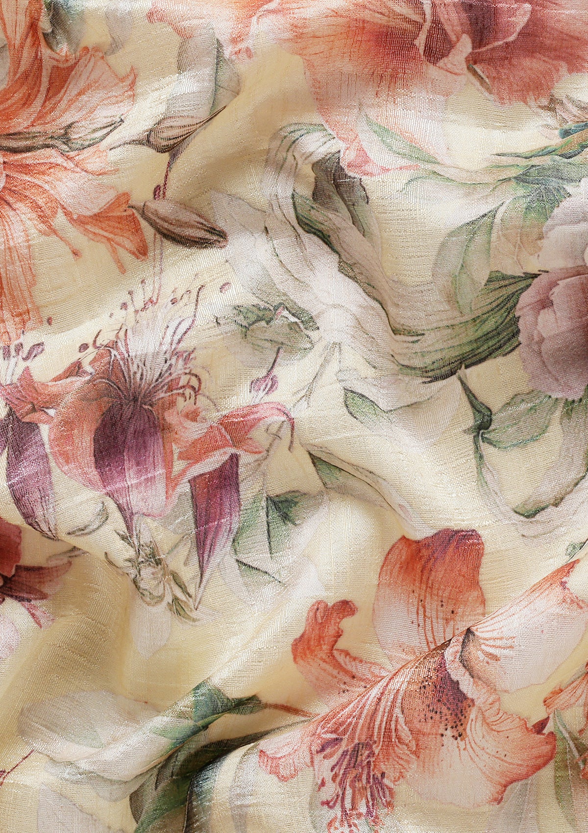 Pastel Yellow Multicolor Tropical Floral Printed Tussar Saree