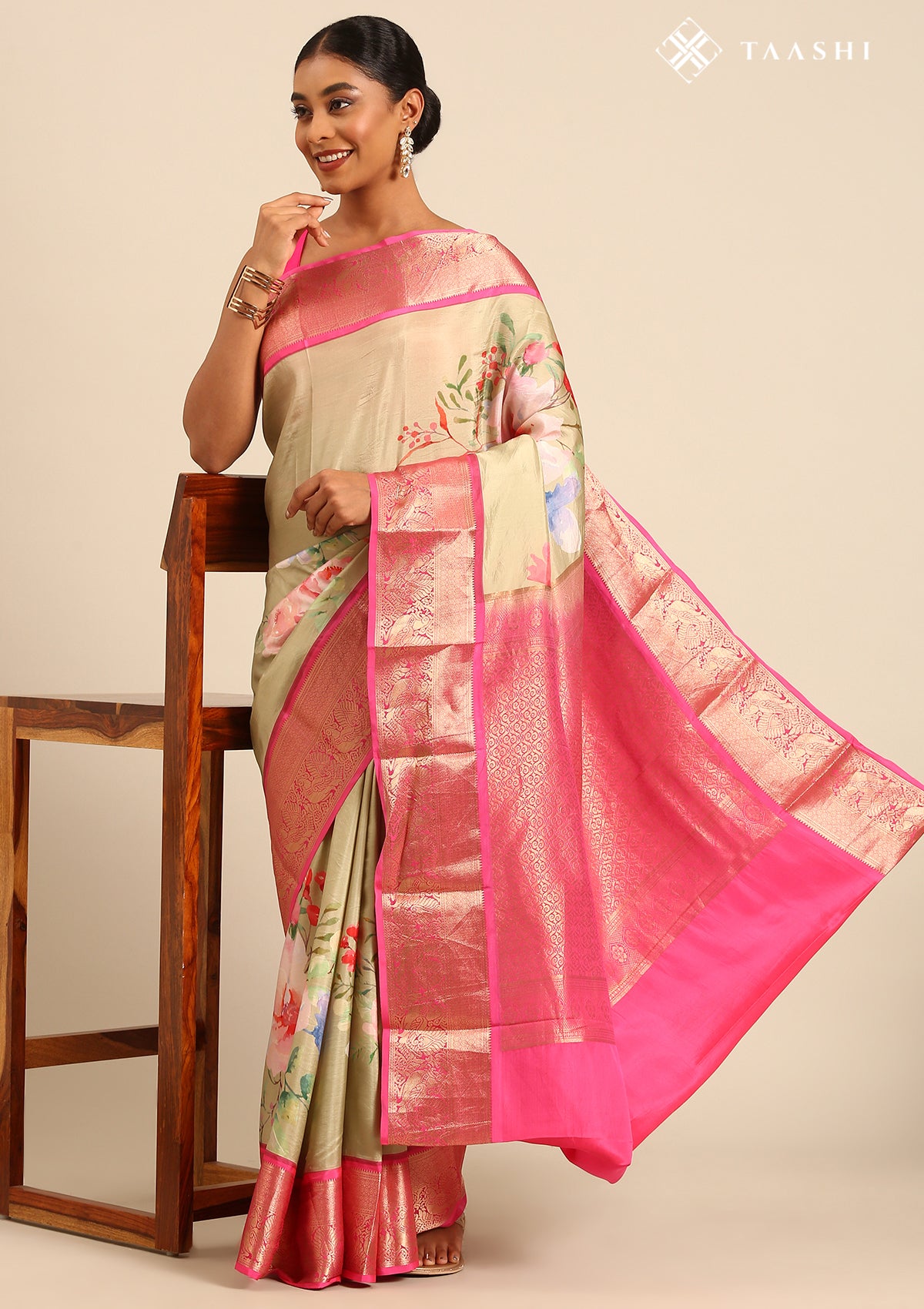 Green Watercolor Floral Printed Silk Saree