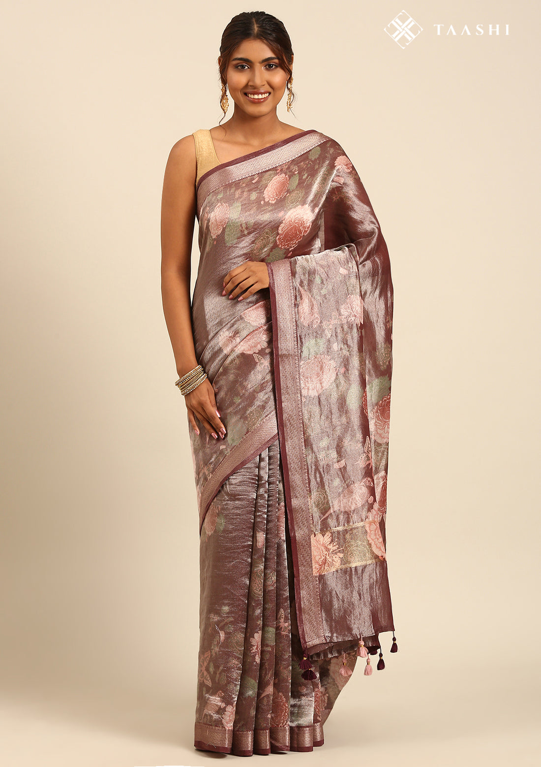 Purple Small Woven Patterns And Nature InspiRed Printed Tissue Saree - Taashi