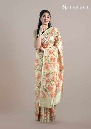 Pastel Yellow Tulip Flower Printed Tussar Saree - Taashi