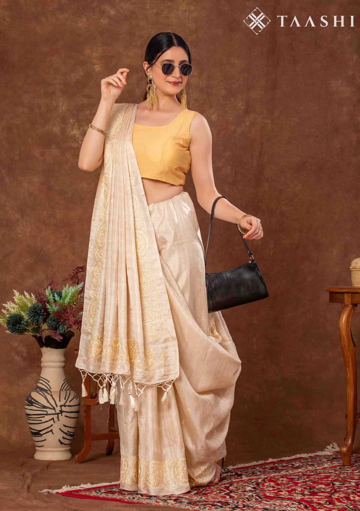 Cream Color Floral EmbroideRed Tussar Saree - Taashi