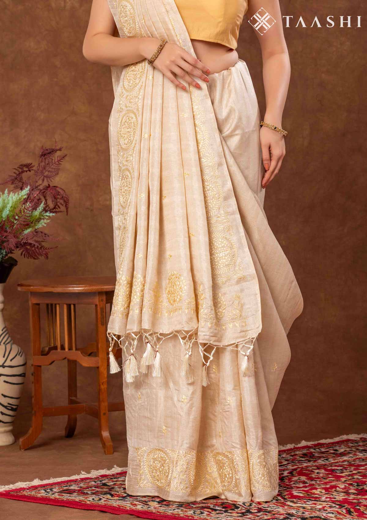 Cream Color Floral EmbroideRed Tussar Saree - Taashi