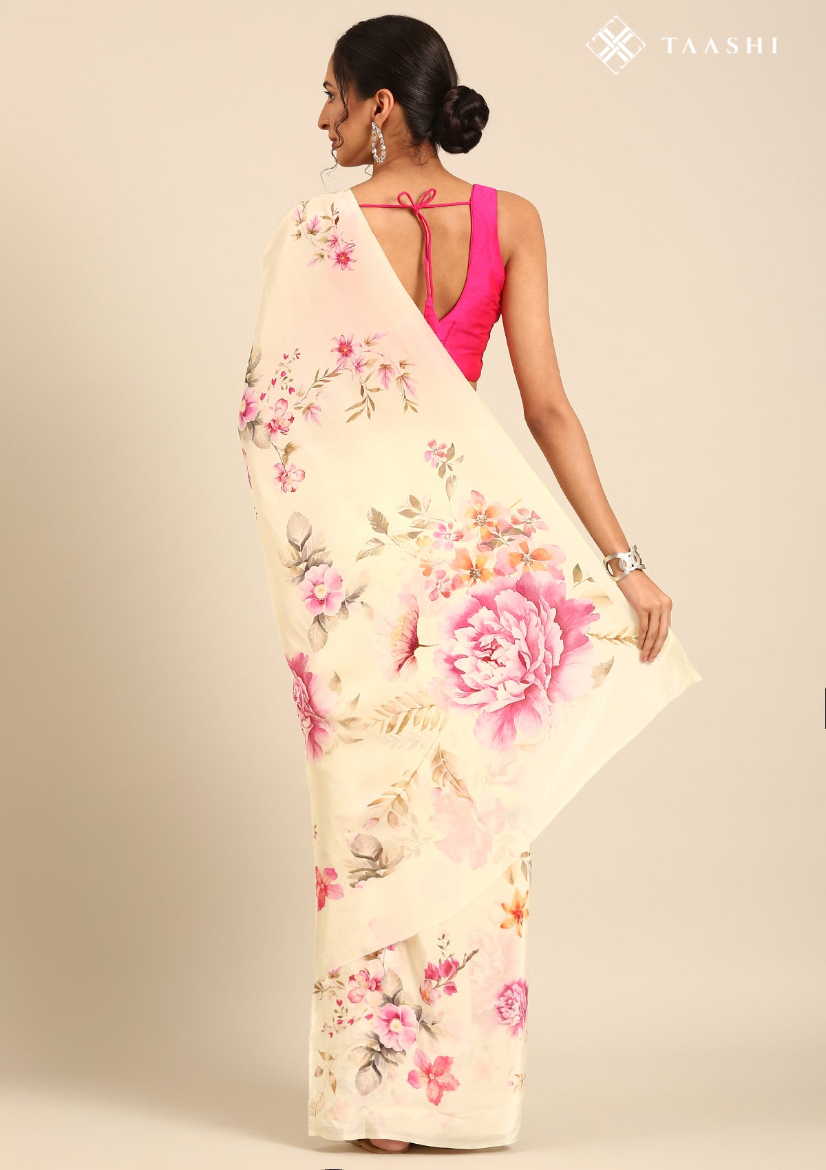 Cream Floral Printed Crepe Saree