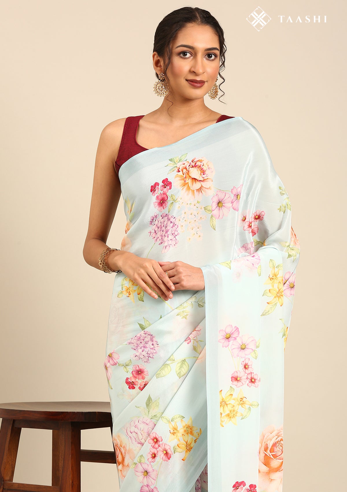 Pastel Blue Floral Printed Crepe Saree