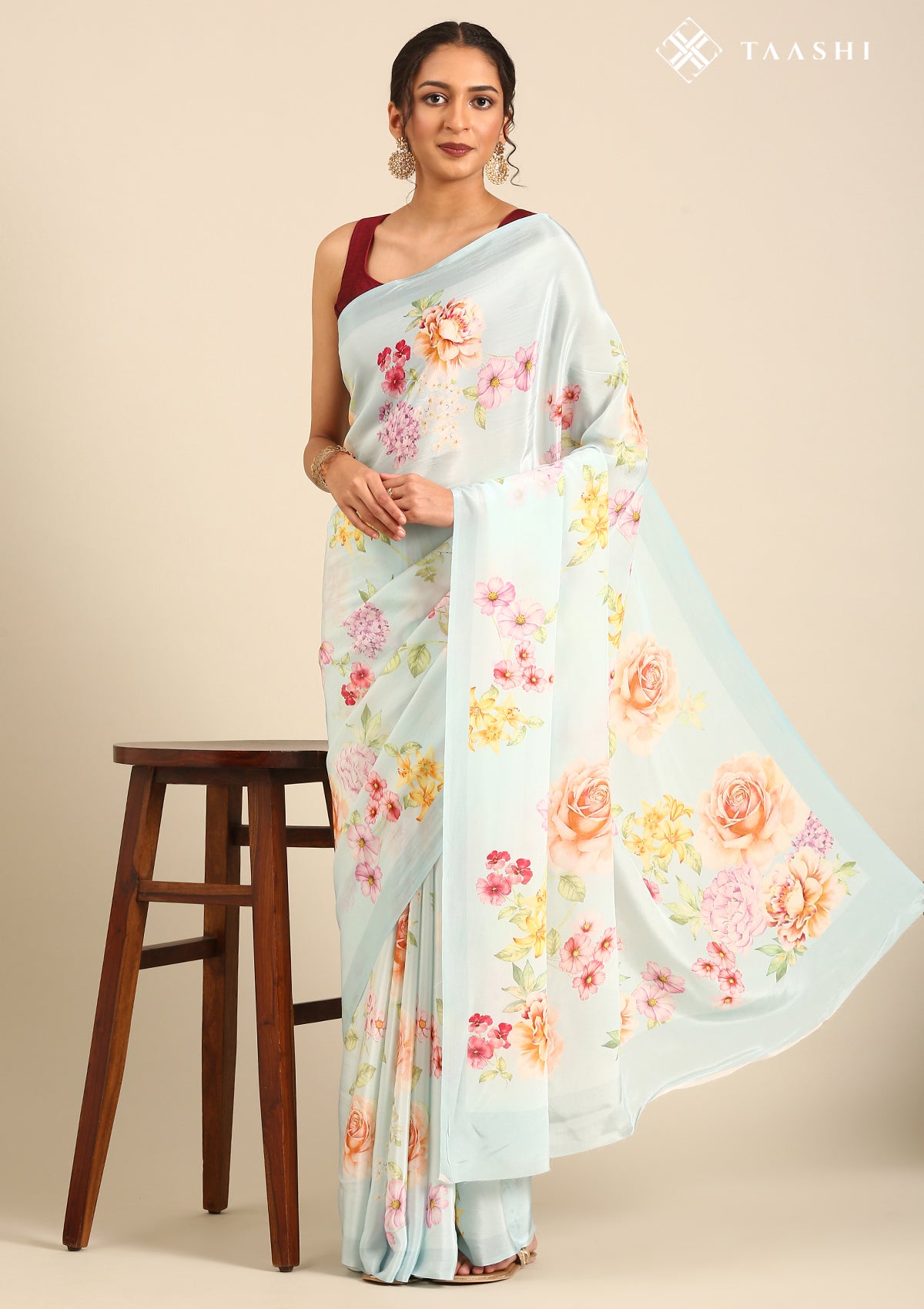 Pastel Blue Floral Printed Crepe Saree