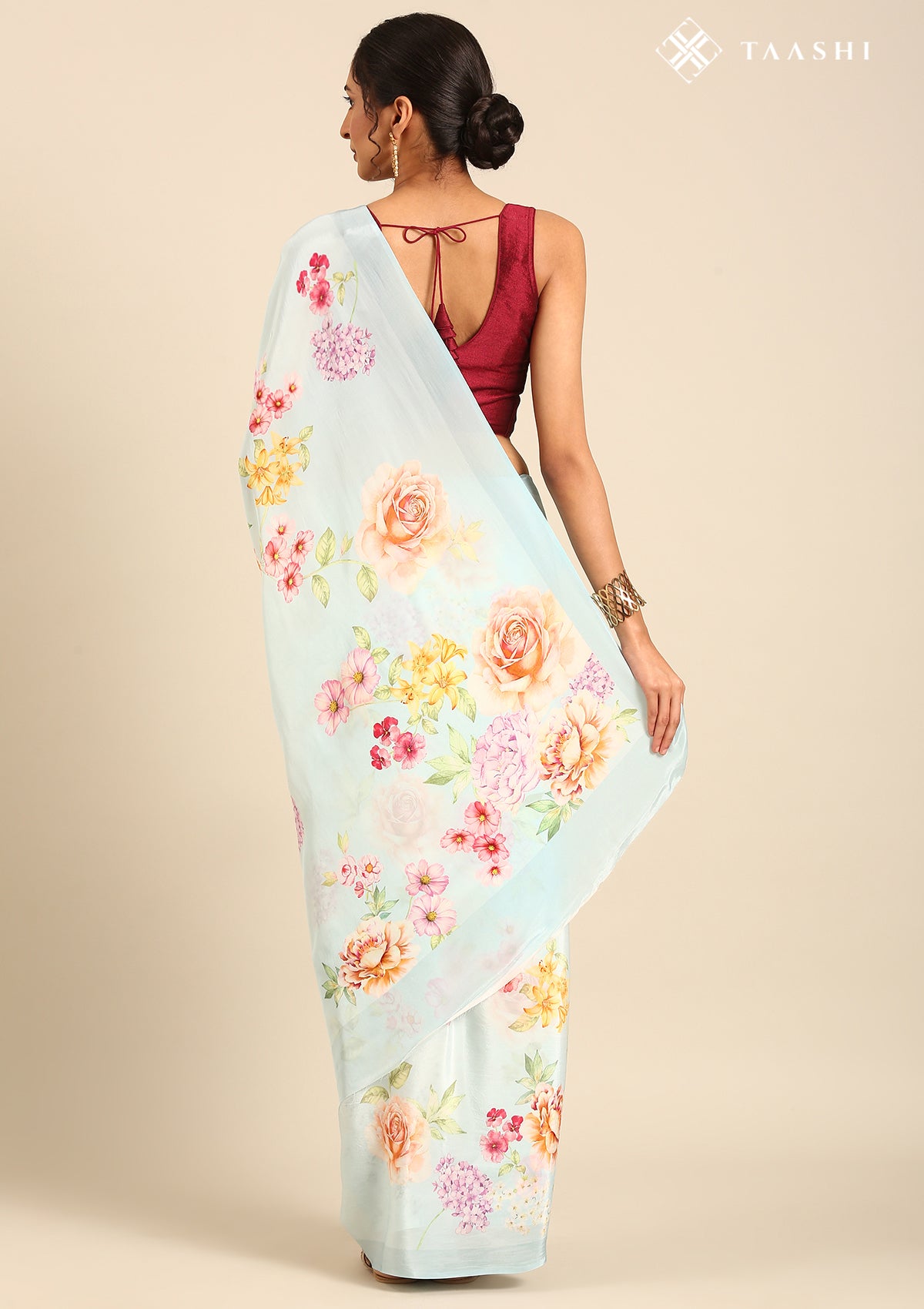 Pastel Blue Floral Printed Crepe Saree