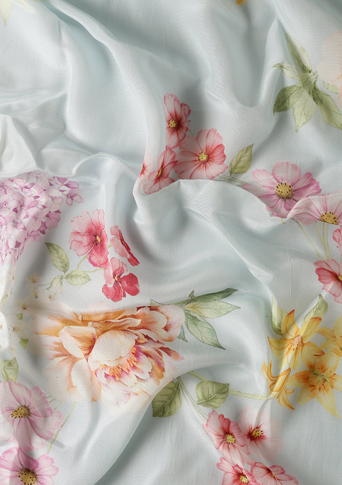 Pastel Blue Floral Printed Crepe Saree
