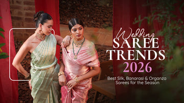 Indian bride wearing silk and Banarasi wedding sarees showcasing 2026 bridal fashion trends