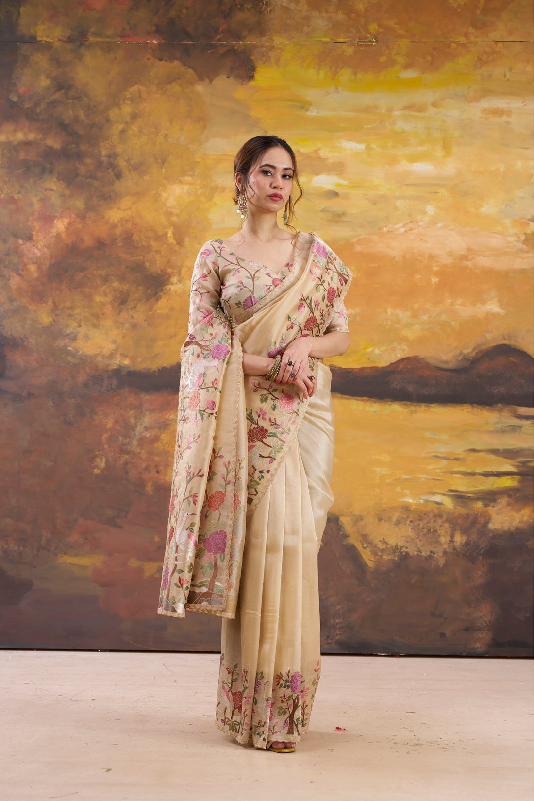 Beige Tissue Contemporary Embroidered Saree
