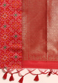 Red Ikat Pattern And Tradition Pattern Woven Tussar Saree - Taashi