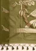 Olive Green Placement Jacquard Woven Tussar Saree - Taashi