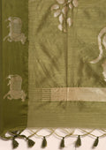 Olive Green Jacquard Pattern Placement Tussar Saree - Taashi