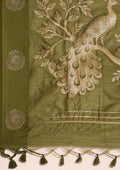 Olive Green Peacock Jacquard Pattern Tussar Saree - Taashi
