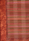 Brown Watercolor Floral Printed And Plaids Woven Linen Saree - Taashi