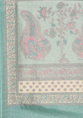 Cream And Teal Jaal Floral Printed Art Tussar Matka Silk Saree - Taashi