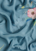 Dusty Powder Blue Floral Digital Printed Crepe Saree - Taashi