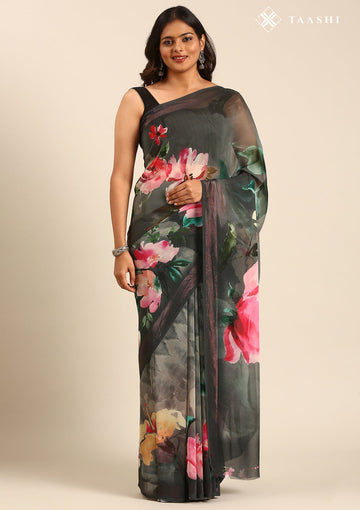 Dark Grey Georgette Contemporary Printed Saree