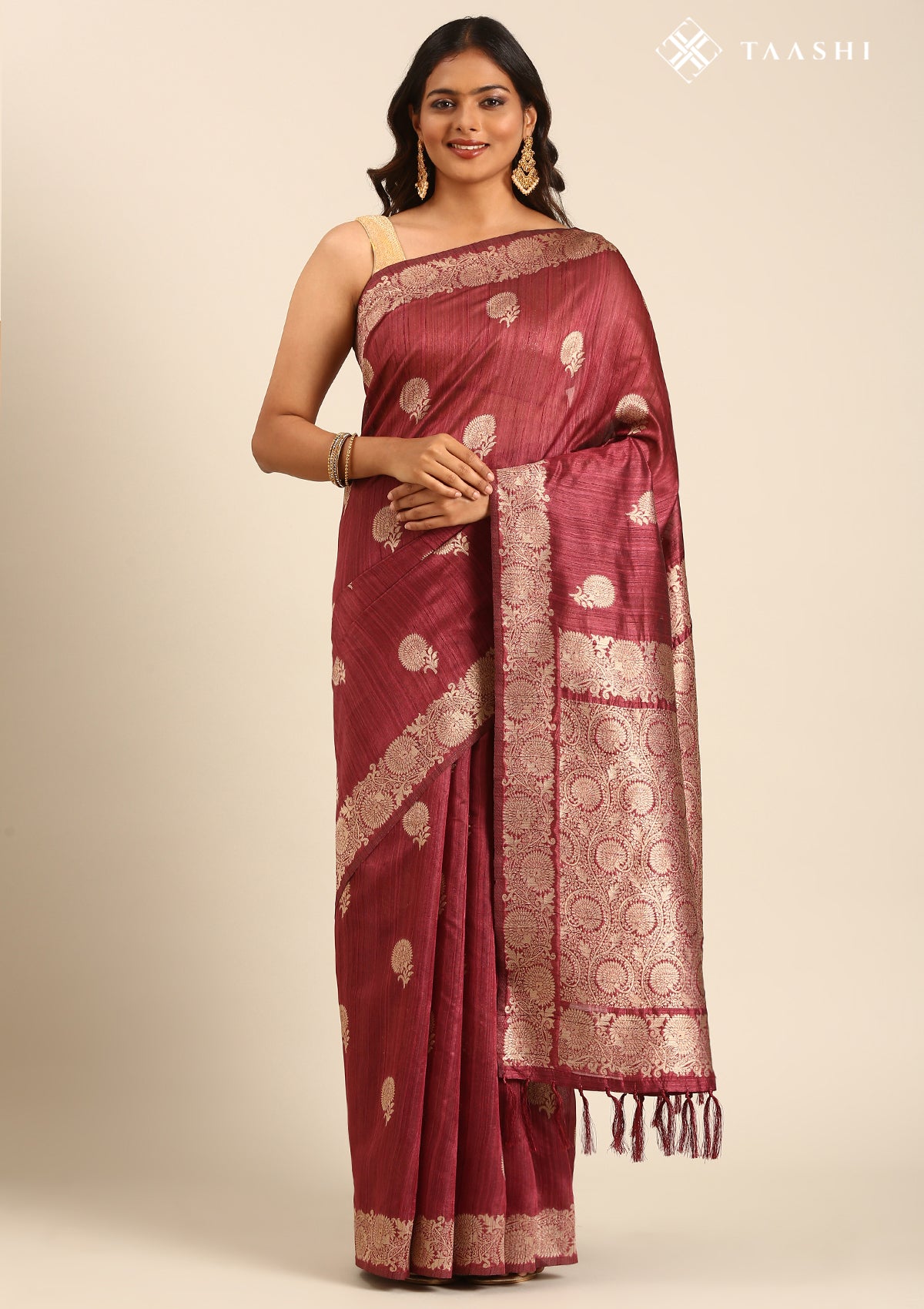 Maroon Floral Butta Pattern Tussar Saree