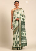 Green Hibiscus Printed Tussar Saree - Taashi