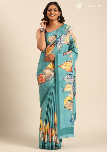 Pastel Blue Leaf Digital Printed Crepe Saree