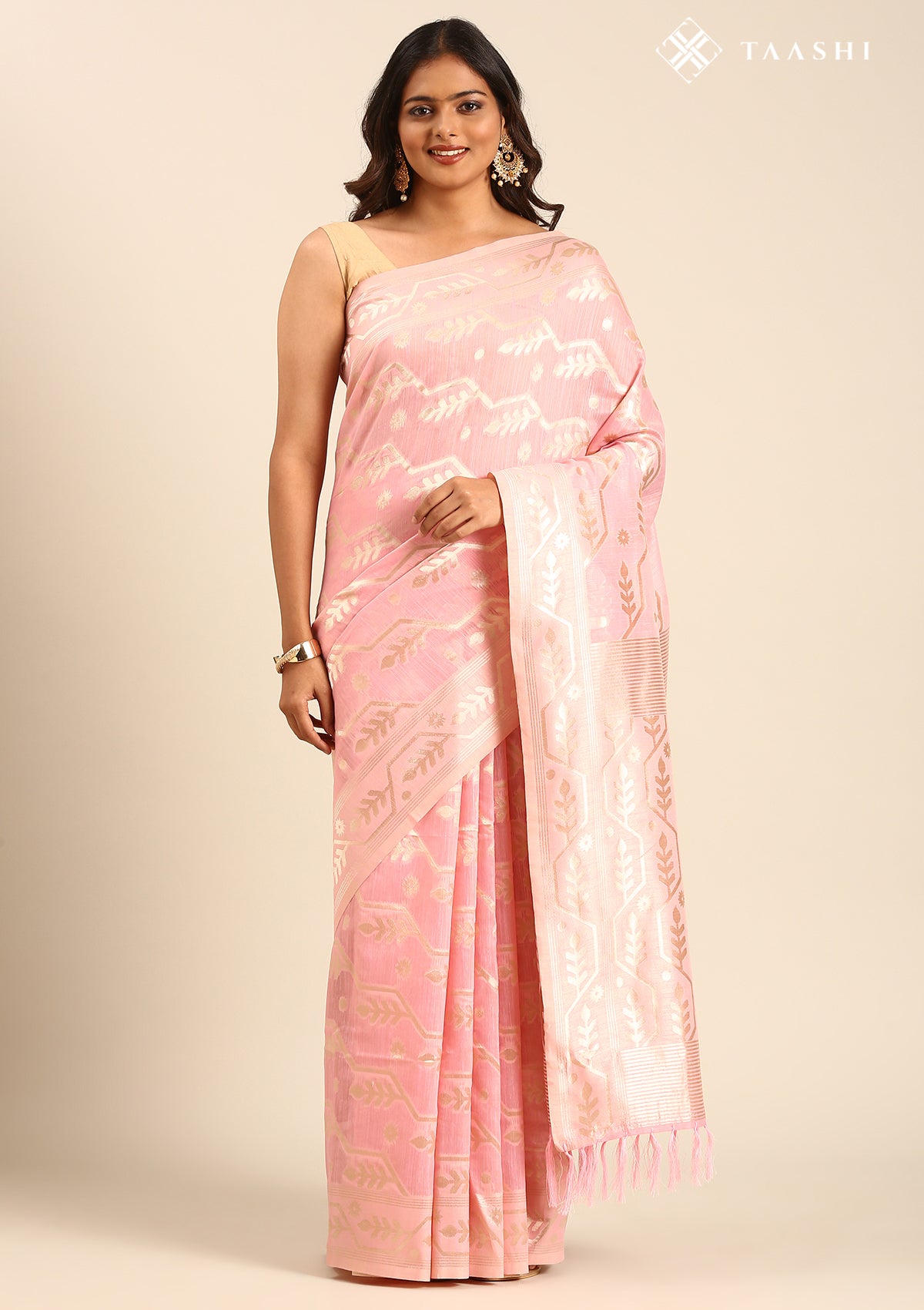 Pastel Pink Geometric Floral Woven Tussar Saree