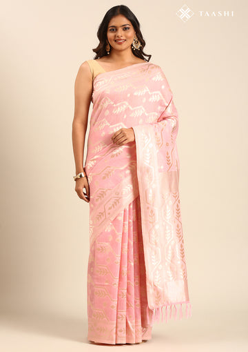 Pastel Pink Geometric Floral Woven Tussar Saree
