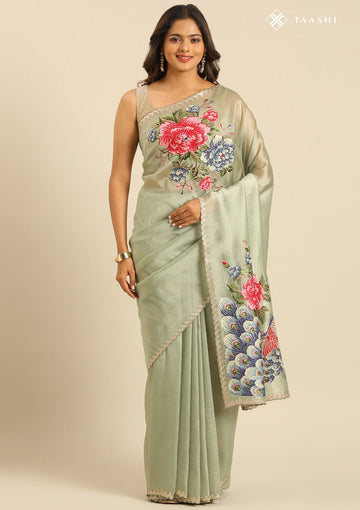 Sage Green Tissue Contemporary Embroidered Saree