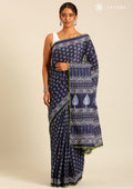 Navy Blue Batik Floral Butta Printed Cotton Saree - Taashi
