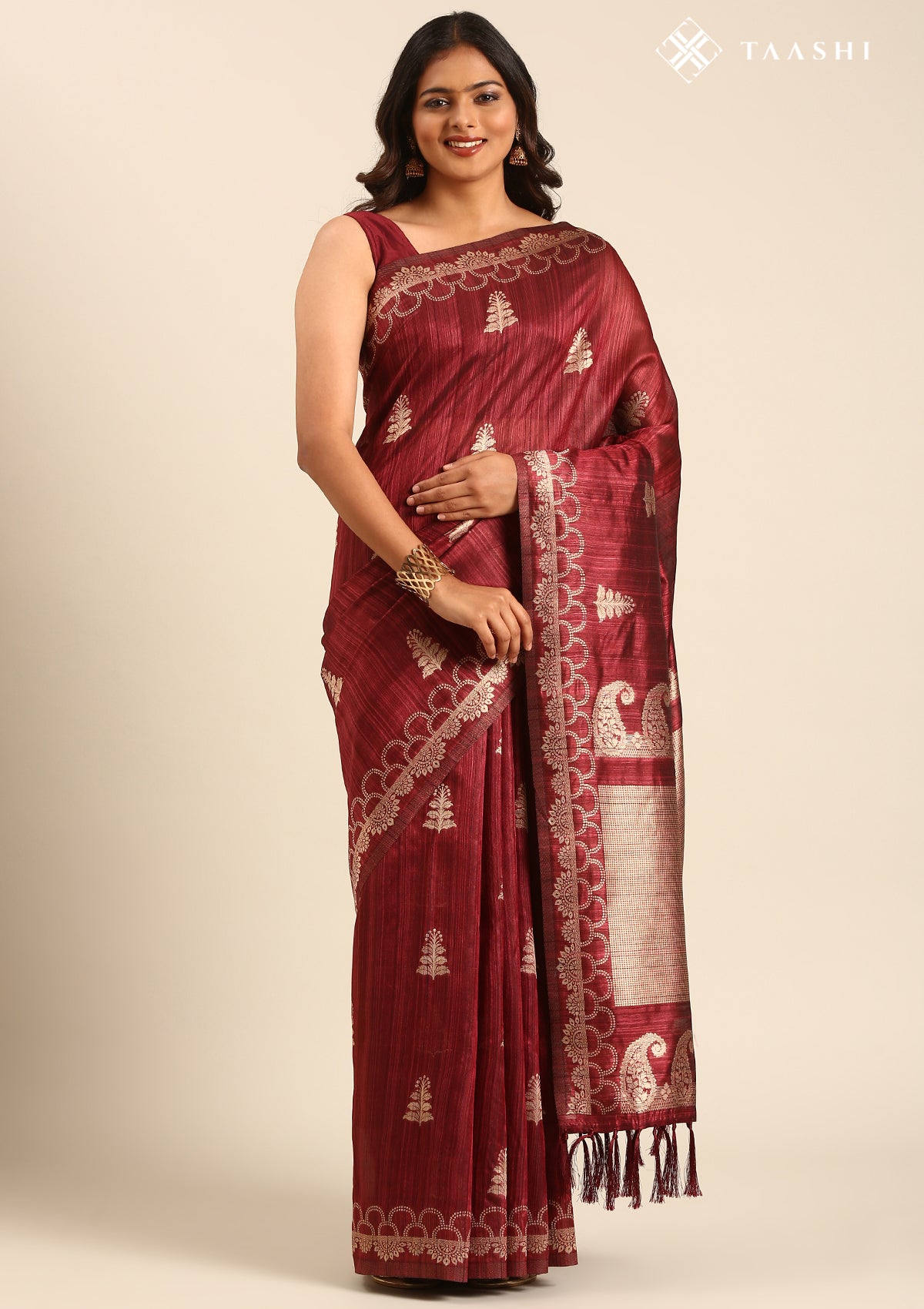 Maroon Zari Floral Butta Tussar Saree