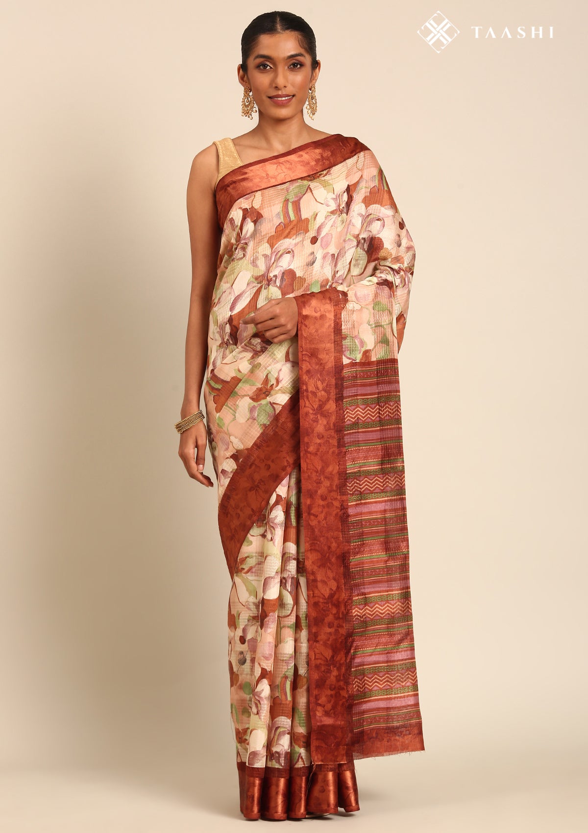 Brown Watercolor Floral Printed And Plaids Woven Linen Saree