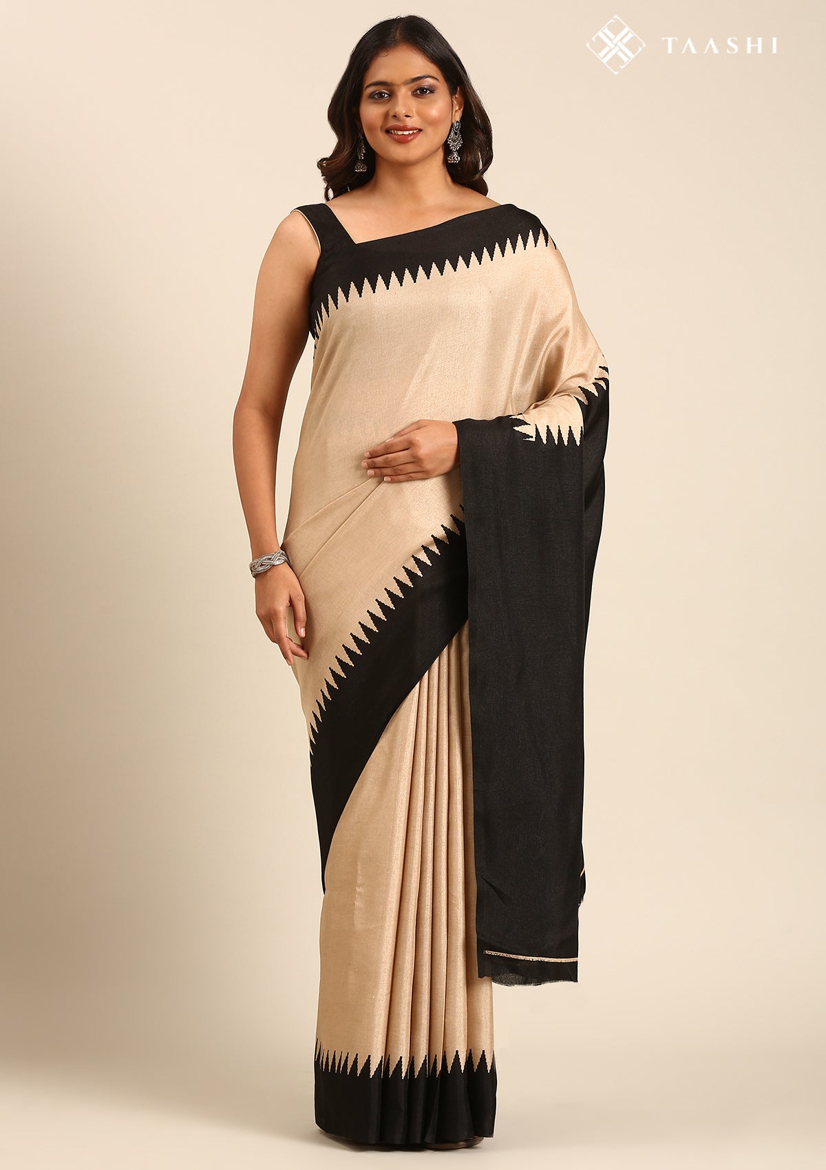 Beige Black Temple Bordered Digital Printed Tussar Saree