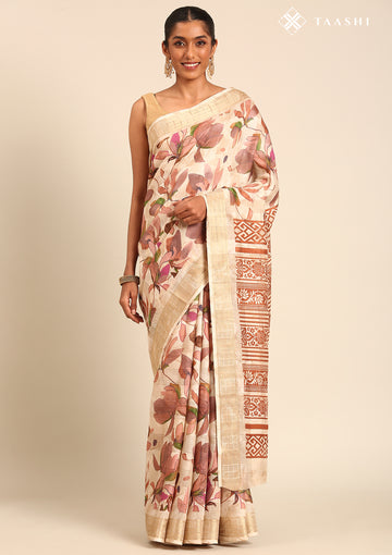Cream Watercolor Floral Printed Tussar Saree