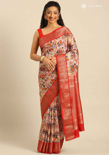 Mauve Pure Silk Rajput Miniature Printed Saree