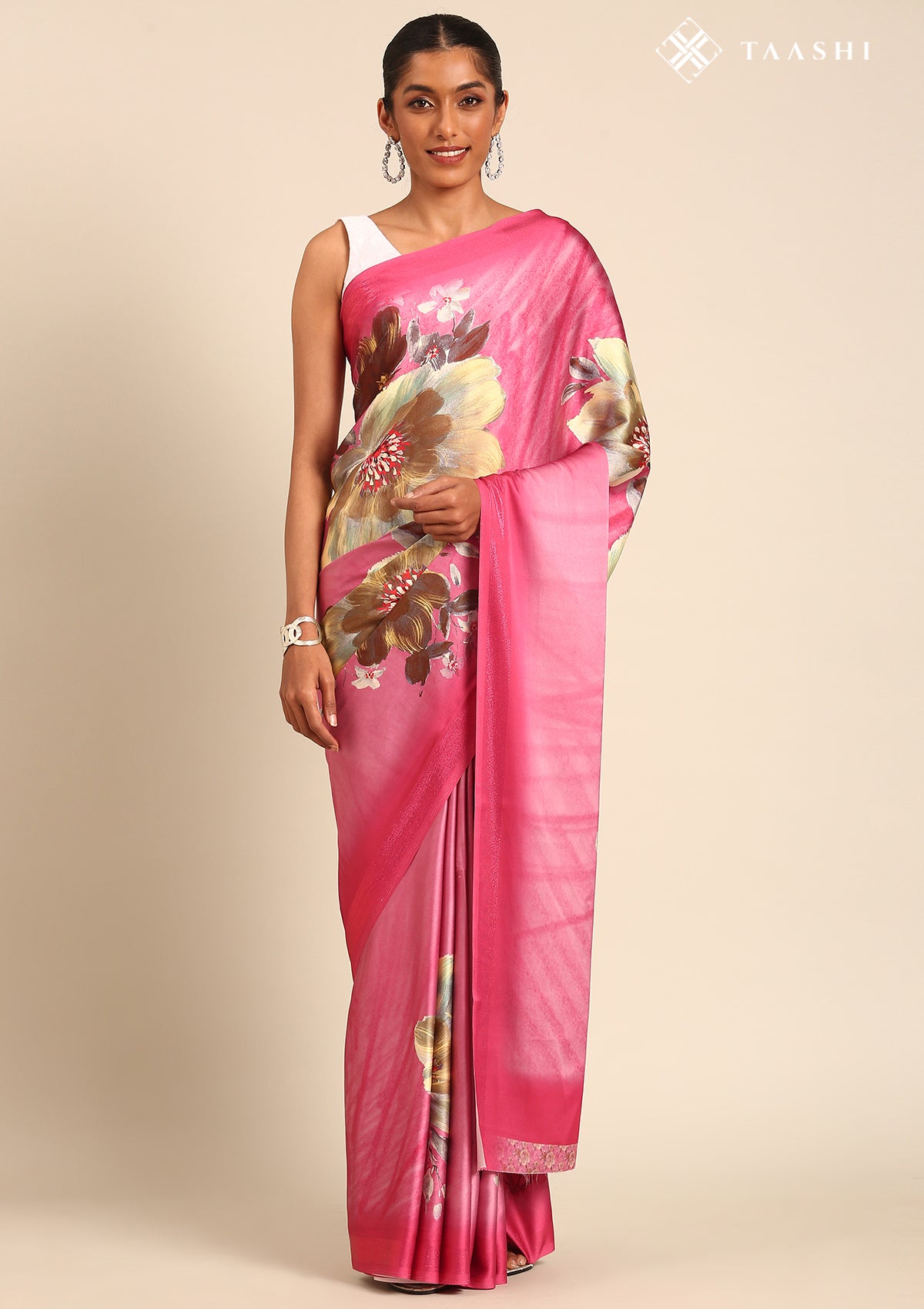 Pink Floral Digital Print Satin Saree