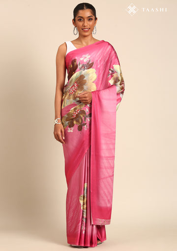 Pink Floral Digital Print Satin Saree